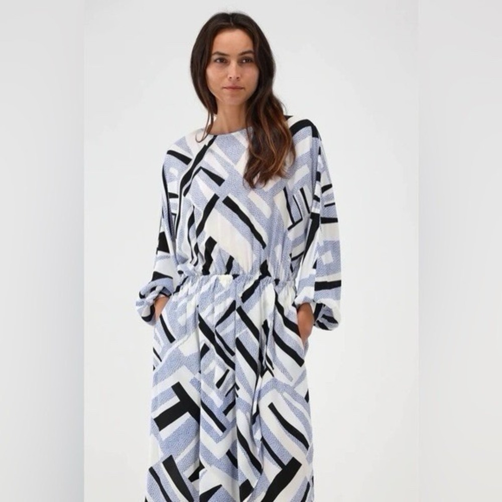 CLOSED Women's Midi Dress Size XS Asymmetric Hem Gathered SILK Blend Galaxy Blue - Picture 3 of 16